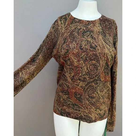 Lauren Ralph Lauren XL Paisley Silk Cashmere Metallic Gold Knit Sweater Top Gold