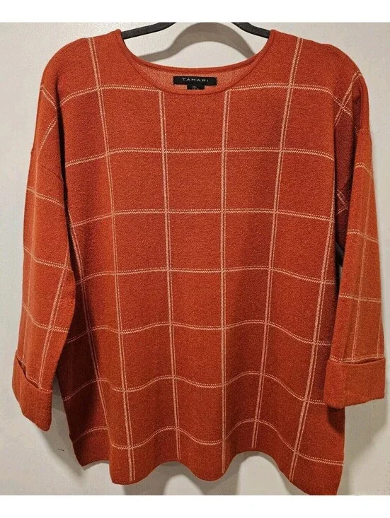 Tahari Large Orange White Plaid Striped 3/4 Sleeve Sweater Pullover
