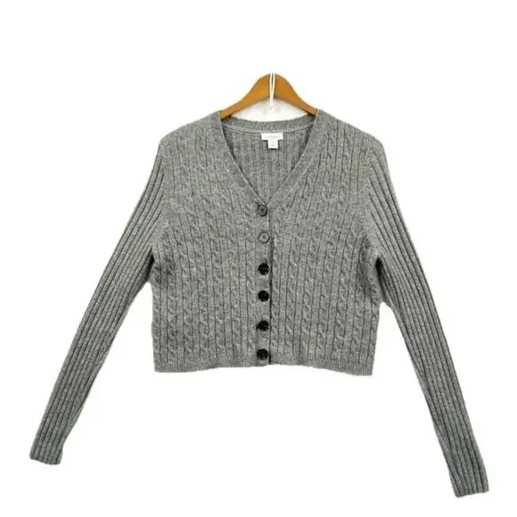 Sundance Cardigan Women SMALL Gray Cropped Cable Knit Long Sleeve Button Sweater