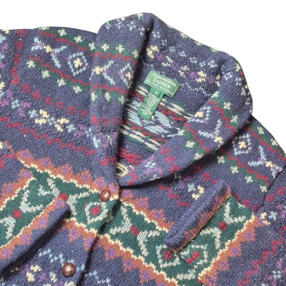 VTG Lauren Ralph Lauren Women's M Hand Knit Lambswool Button‎ Cardigan Southwest
