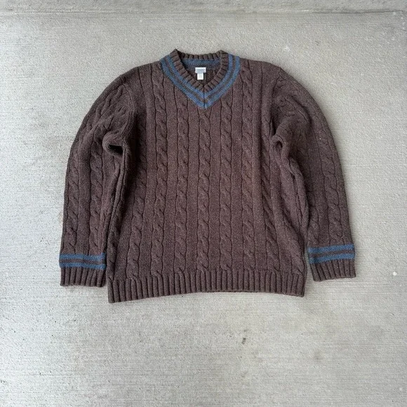Vintage 90s Old Navy Cable Knit Sweater Womens‎ XL Brown Chunky Cotton V Neck