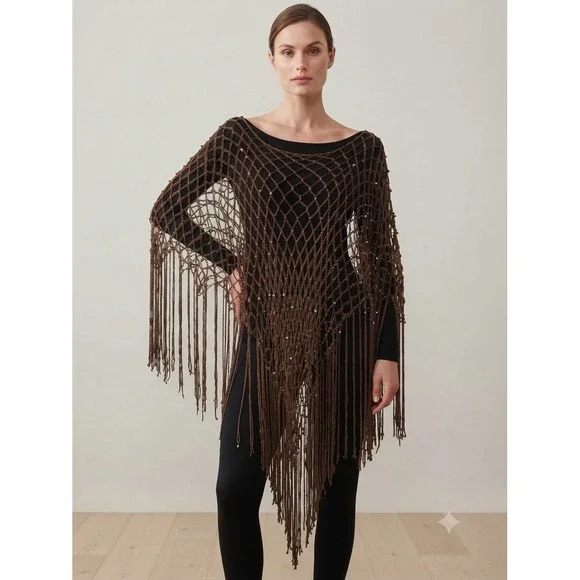 Chico's Beaded Net Poncho OS Boho Dark Fairy Fringe Festival Layering Piece