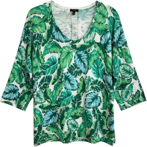 Talbots Plus Womens 2X Green Tropical Palm Leaf Cotton 3/4 Sleeve Sweater Top
