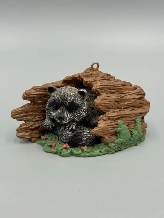 Vintage 1994 Sleeping Raccoon Log Resin Woodland Animal Ornament DCI 3” Long