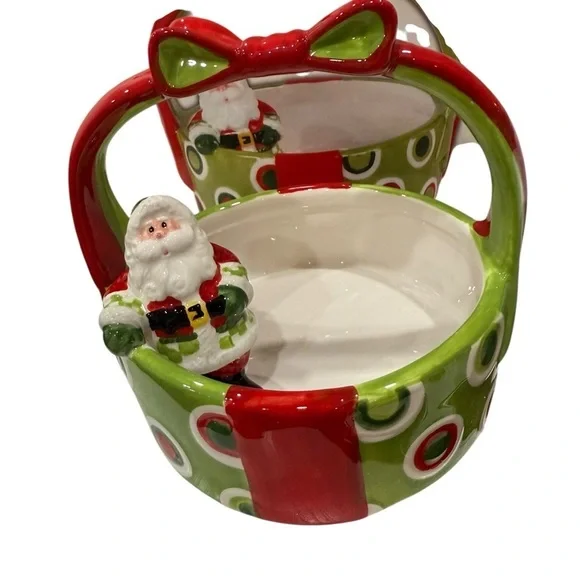 Fitz And Floyd Holiday Cheer Basket Santa Ceramic Dish With Box Merry Christmas