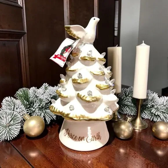 Mr Christmas Ceramic Christmas Tree Peace on Earth White Dove Lit Timer 8.5 x 5