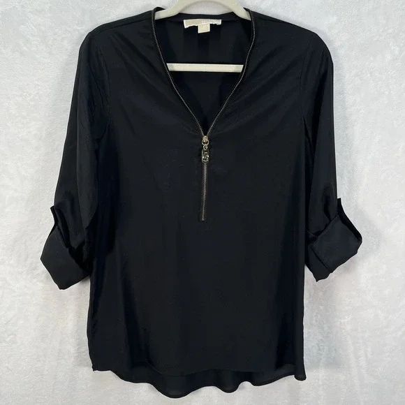 Michael Kors Zip Vneck Roll Tab Blouse Womens Small Black Career Work Minimal