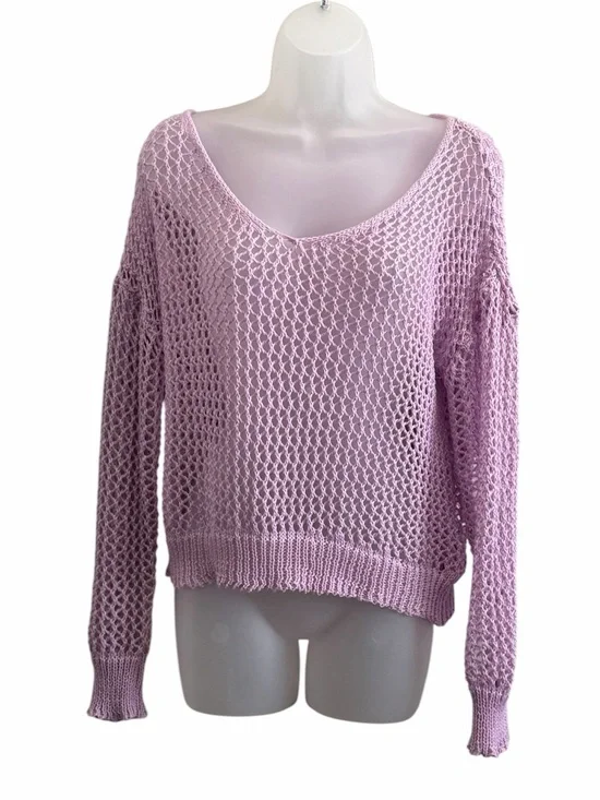 Women's Open-Knit V-Neck Sweater in Lilac