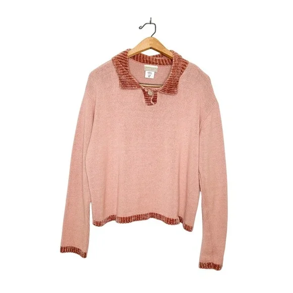 Vintage Coldwater Creek Women's Pink Chenille Collared Knit‎ Sweater XL