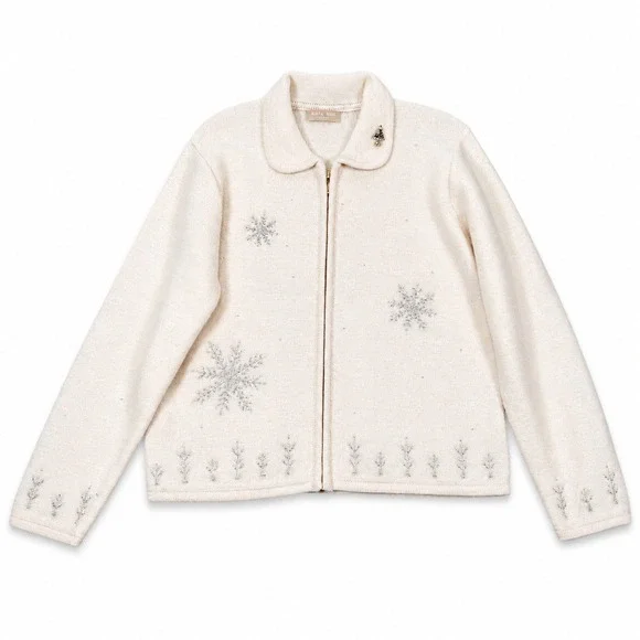 Kate Hill Wool Zip Cardigan Womens M Cream Snowflake Holiday Sweater Vintage 90s
