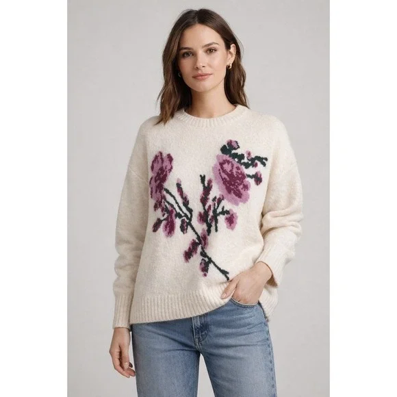 Ted‎ Baker London Cream Ivory New Floral Embroidered Knit Sweater XL
