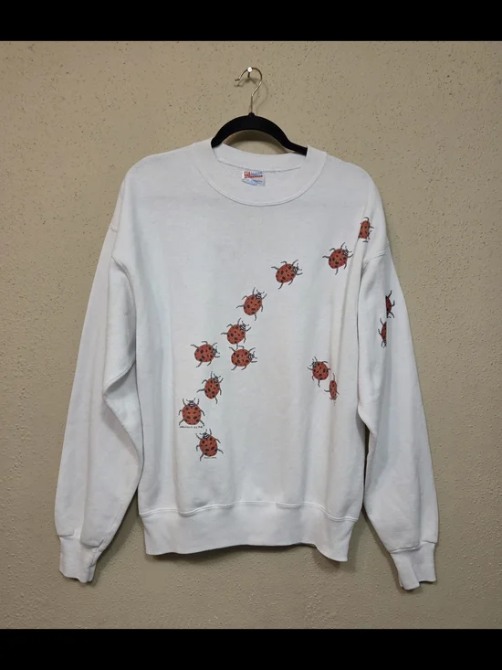 Vintage Hanes White Crewneck Sweatshirt with Red Ladybug Print 80's