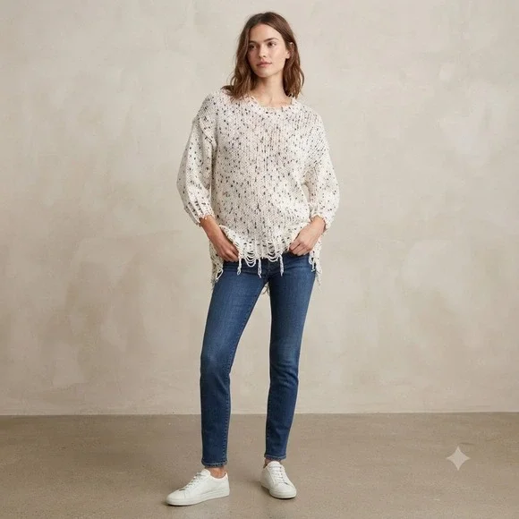NWT ANDTHEWHY Los Angeles Edgy Boho Confetti Knit Distressed Sweater Cream M/L