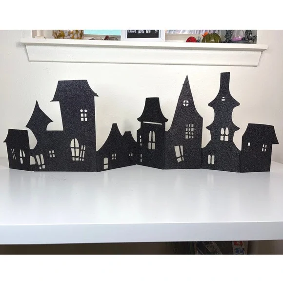Crate & Barrel Haunted Village Silhouette Stand Up Black Glitter Halloween NIB