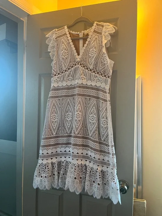 Michael Kors White Eyelet Lace Midi Dress with Scalloped Trim