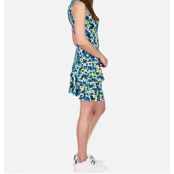 Michael Kors Floral Mini Dress Women M Blue Green Swirl Flounce Limeade