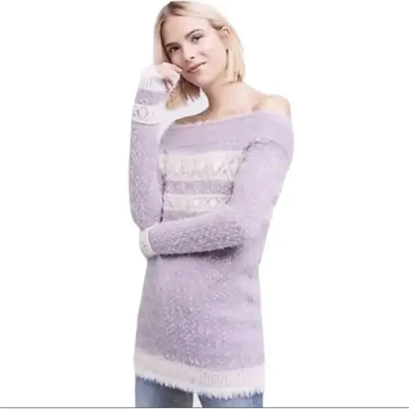 Sleeping on Snow Faroe fair isle purple eyelash knit off shoulder sweater Large