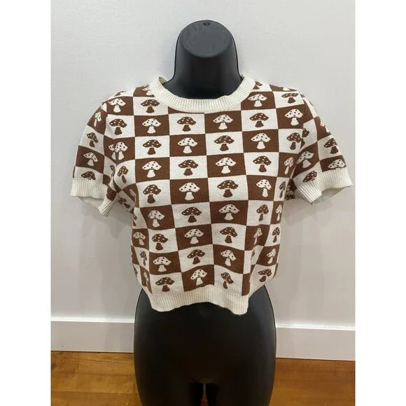 Forever 21 Size Medium Sweater Mushrooms With Checkered White Brown Hippie 70s