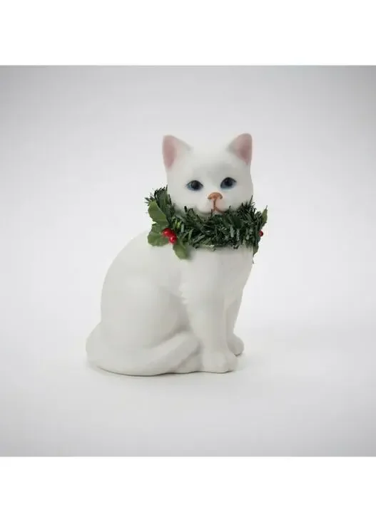 Vintage Ceramic White Cat Figurine, Christmas Holiday Decor with Holly Wreath