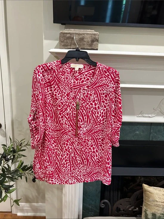 Michael Kors Pink and White Printed Zip-Front Blouse