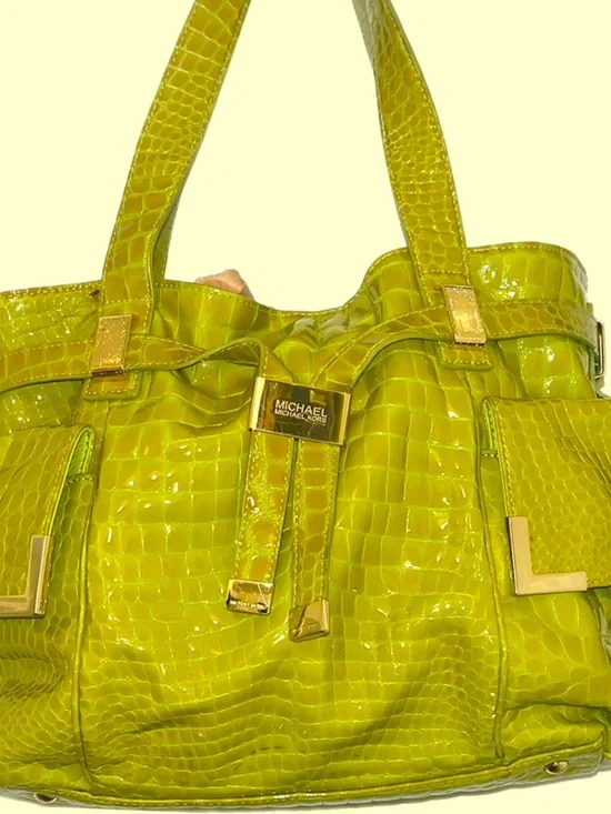 Michael Michael Kors Lime Green Patent Croc Embossed Multi Pocket Shoulder Tote