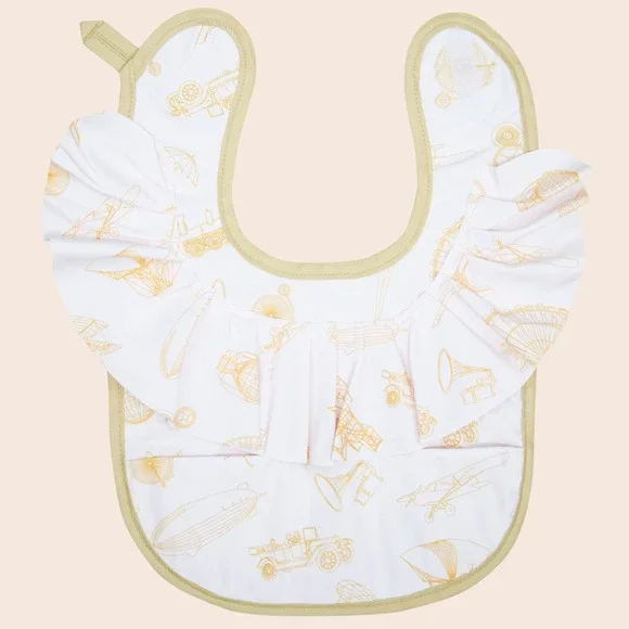Vintage Transport Print Ruffled Baby Bib Waterproof Crumb Catcher Yellow White