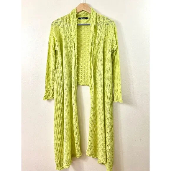 NIC+ZOE Lime Green Openwork Pointelle Long Duster Cardigan Sz 1X / Grunge Fairy
