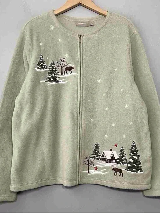 L.L. Bean Sage Green Zip Front Holiday Embroidered Cardigan