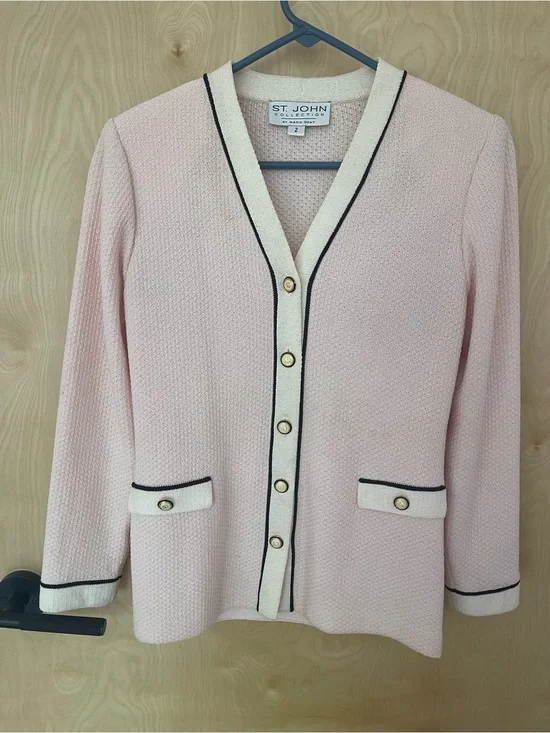 Vintage St. John Blush Pink Knit Cardigan with Cream Trim and Black Piping