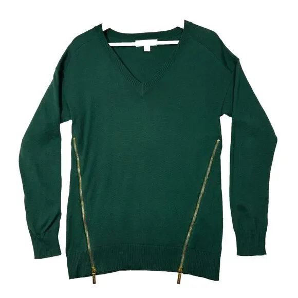 Michael‎ Kors Women's Sweater Gold Zipper Emerald Green Modern Holiday Chic Sz S