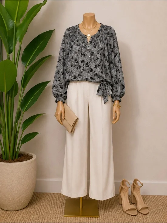 Michael Kors Black and Gray Floral Long-Sleeve Blouse