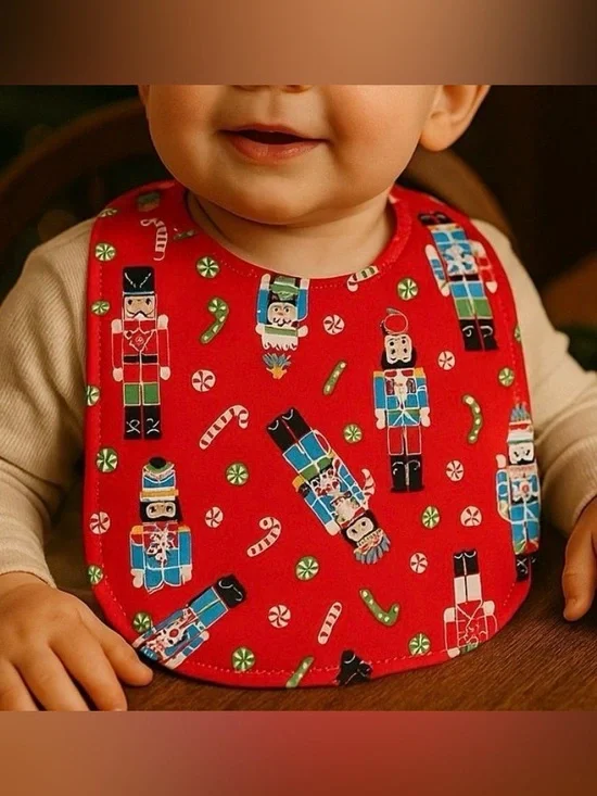 Handmade Christmas Nutcracker Baby Bib Snap Closure Absorbent Cotton Red