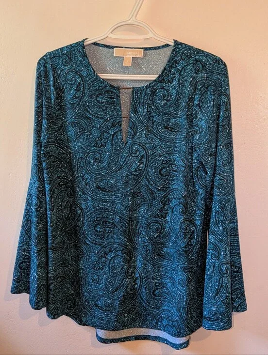 Michael Kors Teal Paisley Long-Sleeve Keyhole Top