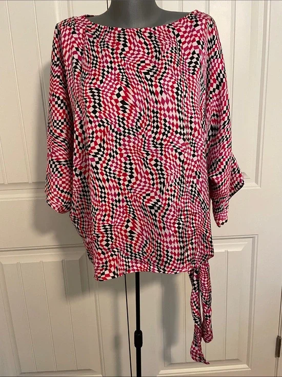 Michael Kors Pink Black White Geometric Tie-Hem Blouse