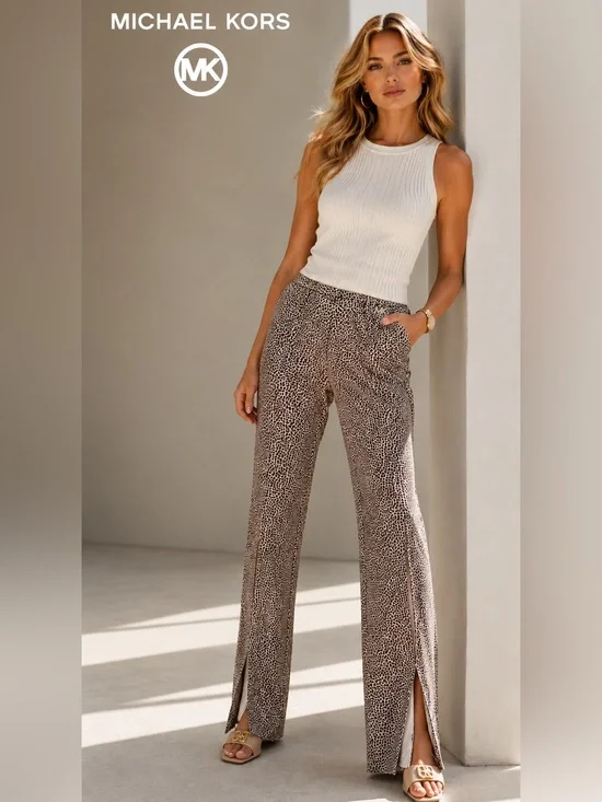 Michael Kors Black Taupe Leopard-Print Flare Pants ~ Size Medium