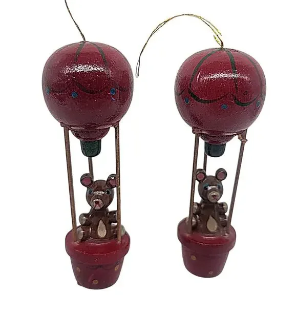 Vtg Lot of 2 Wooden Teddy Bears Hot Air Balloons Christmas Ornaments 4.5