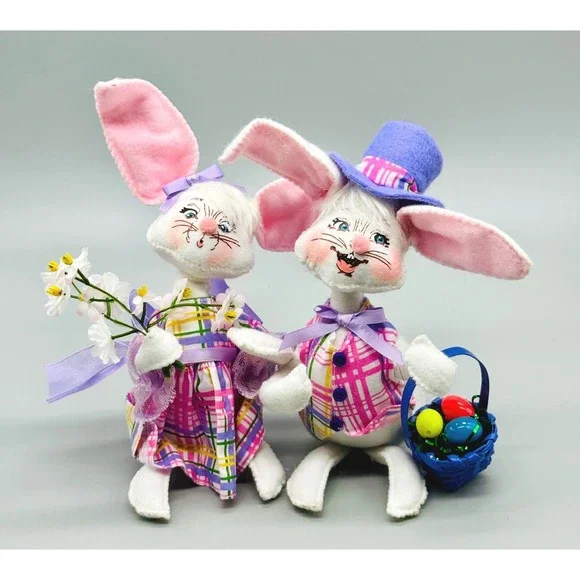 Annalee Easter Bunny Rabbit Couple Pink Plaid Spring Decor 2016 B