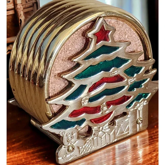 Vintage Christmas Tree Coasters Set of 6 Cork / Metal Trim See Pictures & Desc.
