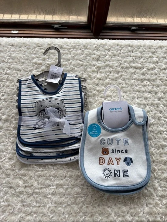 New 8 Piece Baby Boy Bib Set Animals Cars and Stars Navy Blue White and Gray