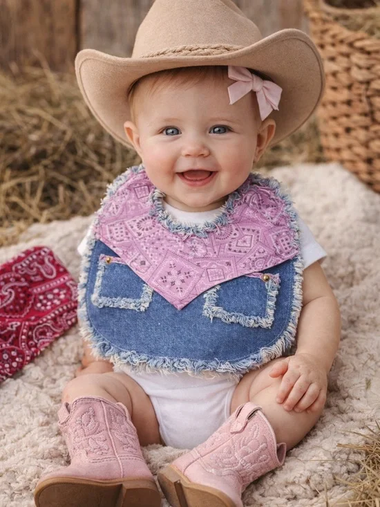 Western Baby Cowgirl Denim Bandana Bib Set‎ / Rodeo Outfit Photo Prop”