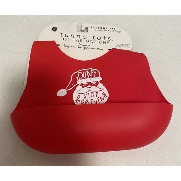 Tunno‎ Tots Red Silicone Don't Stop Believing Santa Christmas Catch Pocket Bib