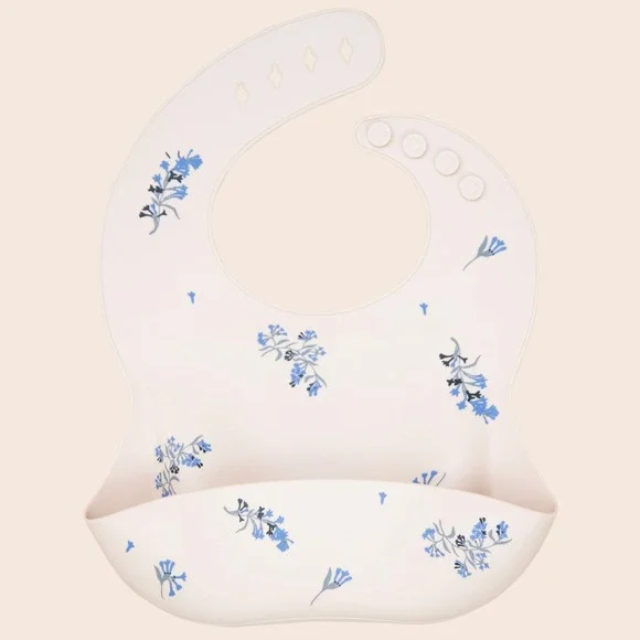 Silicone Baby Bib Forget Me Not Blue Floral Cream Waterproof Adjustable