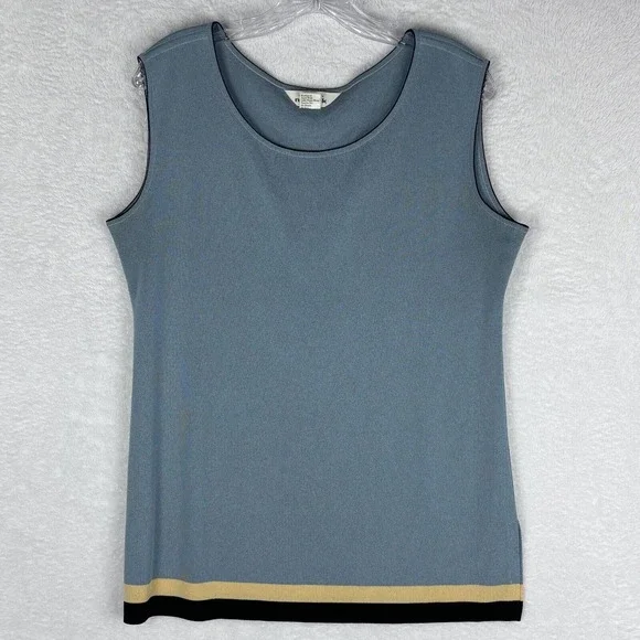 Exclusively Misook Women's‎ Vintage Blue; Black/Gold Stipes Knit Sleeveless Sz L