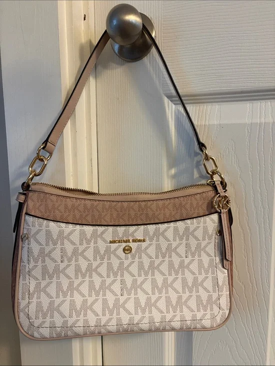 Michael Kors Beige and Blush MK Logo Canvas Shoulder Bag