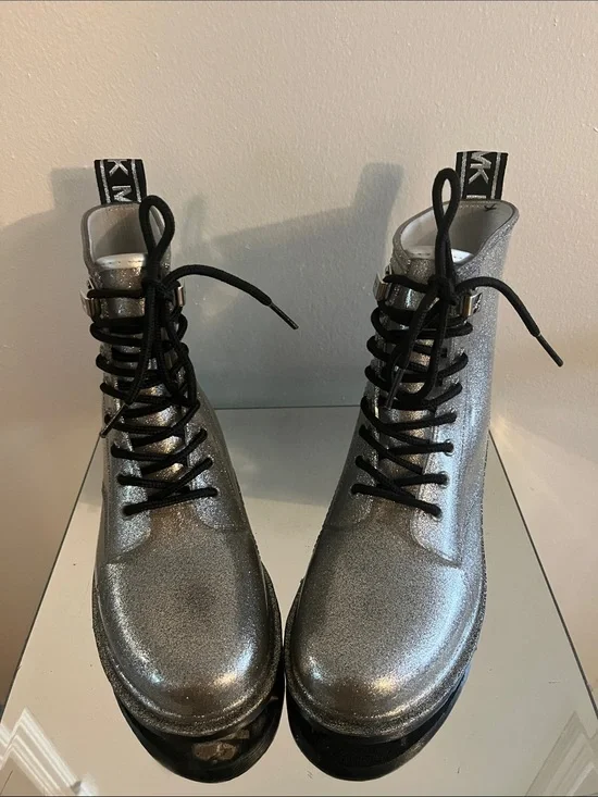 Michael Kors Silver Lace-Up Combat Boots with Black Laces