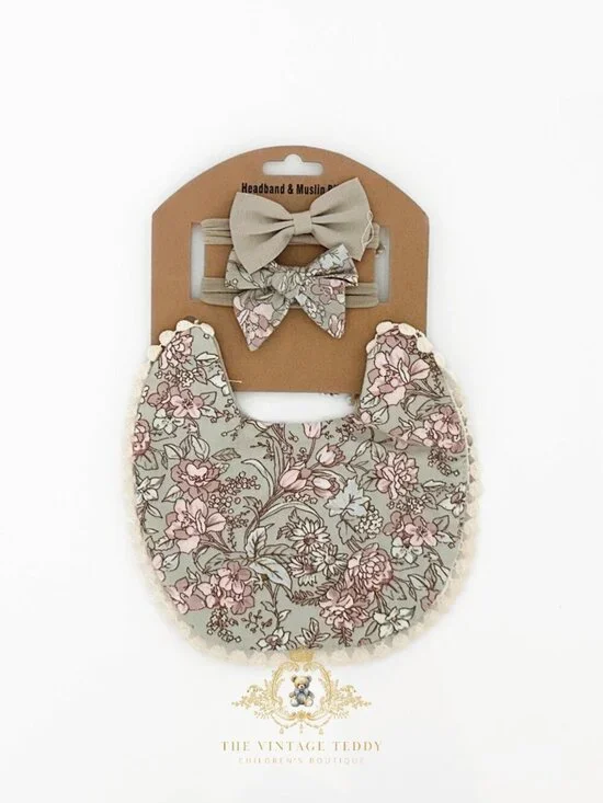 NWT Lovely Girls Baby Bib & Hair Bows Accessory Set Boutique Bohemian Floral OS