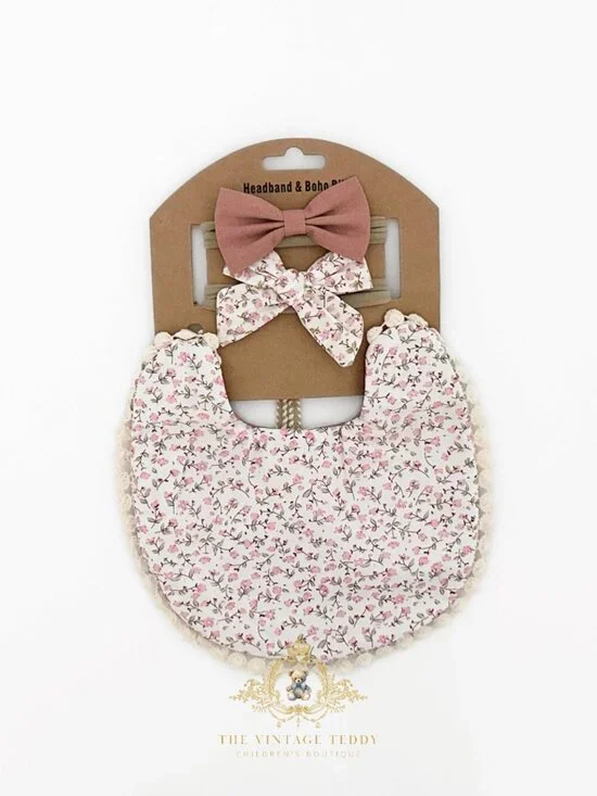 NWT Lovely Girls Baby Bib & Hair Bows Accessory Set Boutique Bohemian Floral OS