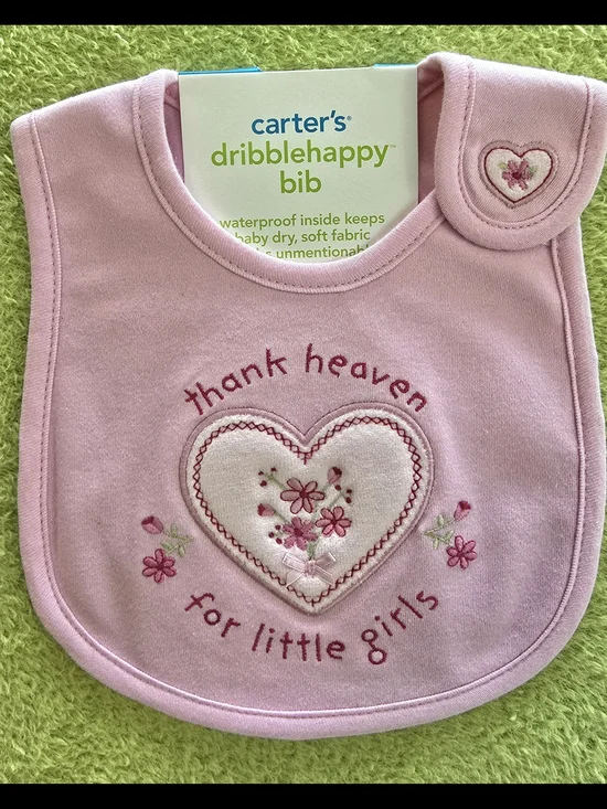 NWT  BABY GIRLS PINK BIB ★ Thank Heaven for LITTLE GIRLS - HEART & FLOWERS (Q5)