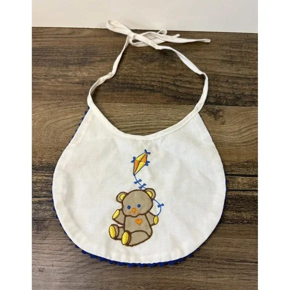 Vintage Hand Embroidered Baby Bib Teddy Bear Flying Kite