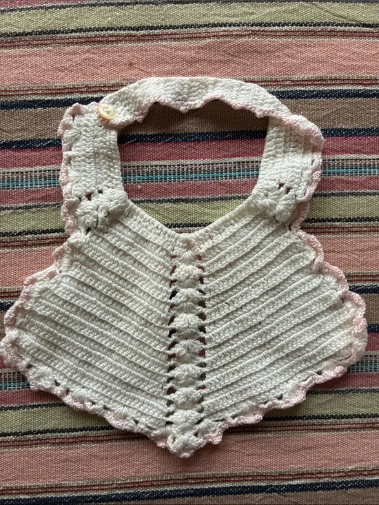Antique Vintage Handmade White Crochet Baby bib with Pink Trim